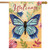 Briarwood Lane Beautiful Butterfly House Flag with blue butterfly, flowers, and welcome text on yellow background.