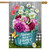 Briarwood Lane Floral Basket House Flag with colorful flowers and butterflies on a blue basket.