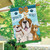 Briarwood Lane Dogs Spoiled Here house flag with colorful cartoon dogs on blue background.