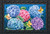 Briarwood Lane Colorful Hydrangeas doormat with blue, pink, purple hydrangeas and butterflies on black background.