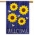 Briarwood Lane blue burlap house flag with yellow sunflowers, bees, and welcome text.
