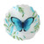 Briarwood Lane Glass Blue Butterfly Bird Bath with green and blue leaves on white background.