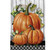 Briarwood Lane Country Pumpkins House Flag with three orange pumpkins and green leaves on white wood.