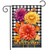 Checkered garden flag with colorful mums and welcome text on a black and white background.