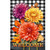 Checkered garden flag with purple, yellow, and orange mums and welcome text on black background.
