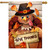 Thankful Turkey Give Thanks House Flag with cartoon turkey wearing pilgrim hat and fall leaves.