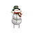Smiling Snowman Metal Art, silver snowman with green buttons, red scarf, and black hat on stand.