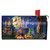 Witches Brew Mailbox Cover with Halloween scene and colorful witches hats on cauldron surrounded pumpkins.