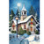 Snowy church with bell tower, Christmas wreaths, and tree under full moon on garden flag.