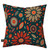 Teal and orange floral burlap pillow with vibrant flower and leaf pattern on dark background.