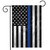 Honor Protect Serve Garden Flag with blue line through American flag design on black metal stand.