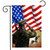 Saluting Soldier Garden Flag with American flag and eagle design, green uniform, salute gesture.
