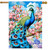 Fancy Peacock House Flag with vibrant peacock, pink flowers, and blue sky with white clouds design.