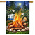 Roasting Marshmallows House Flag depicting camping scene with campfire, marshmallows, tent, and camper under moonlight.