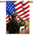 Saluting Soldier House Flag with American flag and eagle, green camouflage uniform, gold accents.
