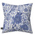 Blue and white floral burlap pillow with large blue flowers on a white background.
