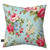 Spring Floral Burlap Pillow with colorful flowers and green leaves on light blue background fabric.