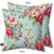 Spring Floral Burlap Pillow, blue background with pink, red, white, and blue floral print on burlap.