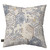Vintage Patchwork Burlap Pillow, beige background with blue and gold floral hexagonal pattern and design.