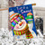 Let It Snow Snowman House Flag with colorful snowman design on blue background with snowflakes.