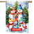 Snow Family House Flag with colorful snowmen family and welcome sign on snowy landscape background.
