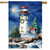 Wonderland Lighthouse House Flag, white lighthouse with red roof and Christmas decor on snowy ground.