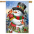 Winter Snowman Friends House Flag with cardinals, hat, scarf, snowy background, and festive holly.