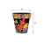 Whimsy Flowers Small Planter, black with colorful flowers, 8 inches wide and 8 inches tall.