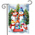 Snow Family Garden Flag with snowmen and welcome sign, colorful winter scene with trees.