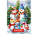Snow Family Garden Flag with colorful snowmen and welcome sign in winter scenery setting outdoor decor.