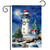 Wonderland Lighthouse Garden Flag, white lighthouse with red roof and Christmas wreath on snowy night scene.