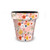 Colorful Flowers Small Planter, pink pot with multicolored floral design and green leaves, small size.