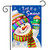 Let it Snow Snowman Garden Flag with colorful hat, scarf, and mittens on blue background.