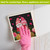 Valentine's Gnomes Swedish Dishcloth with pink gloved hand on white surface with gnomes and hearts.