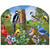 Country Birds Acrylic Art Sign with colorful birds, flowers, and greenery on wooden post outdoors.