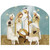 Rejoice Nativity scene with figurines and lambs on brown ground with blue starry background acrylic sign.