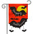 Happy Halloween Bats Burlap Garden Flag with black bats and yellow moon on red background.