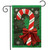 Festive Candy Cane Burlap Garden Flag with red bow and green border on white background.