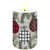 Patterned Ornaments Flameless Candle with plaid Christmas ornaments and pine branches on white background.