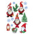 Winter Gnomes Window Clings, red gnomes, green trees, snowflakes, and festive decorations on white background.
