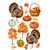 Turkey and pumpkins window clings with turkeys, pumpkins, basket, and fall leaves on white background.