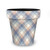 Pink and blue check medium planter with multicolored diamond pattern on a white background.