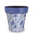 Blue and white floral planter with blue rim and floral design on white background.