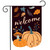 Burlap garden flag with pumpkins, mushrooms, and leaves on dark background with welcome text.