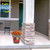 Medium Checkered Mums Planter with orange flowers and colorful floral design on a front porch.