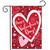 Red garden flag with white and pink hearts, Happy Valentine's Day text, decorative design, Heart Toss.
