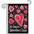 Valentine Heart Dance Garden Flag with red hearts and Happy Valentine's Day text on black background.
