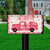 Valentine's Love Pickup Mailbox Cover, pink truck with hearts and flowers on a plaid background.