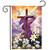 Sunrise Easter Cross Garden Flag with purple cloth, white lilies, daisies, and flying white doves.