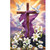 Sunrise Easter Cross Garden Flag with purple cloth, white lilies, daisies, and doves on wooden cross.